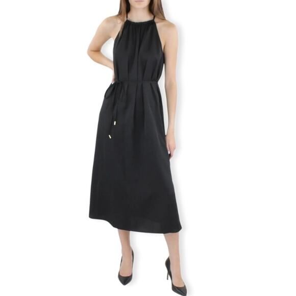 INC Midi Slip Dress Satin Crepe Halter Neck Waist Tie Side Slits Black W 14 NWT - Picture 1 of 11